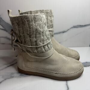 Toms Women's Cream Suede Tie Cable Knit Water Nepal Boots Sz 8 Moccasin Faux Fur